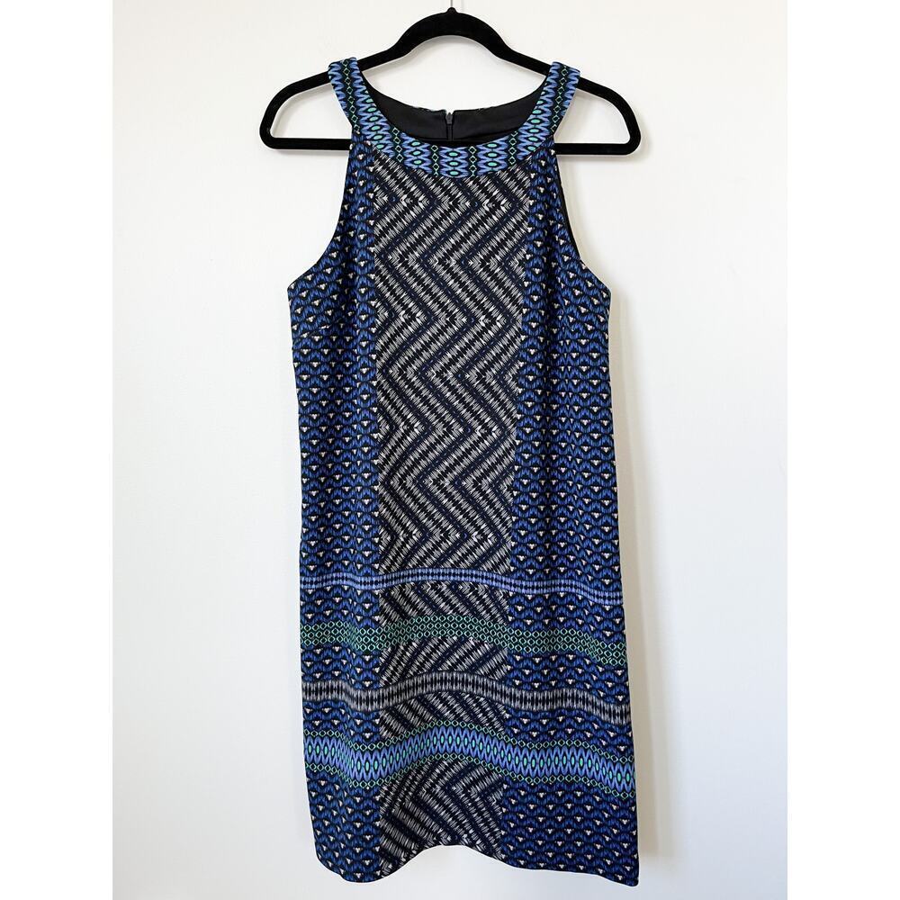 Maggy London Sleeveless Geometric Print Dress 14 Blue Green White Career Spring‎